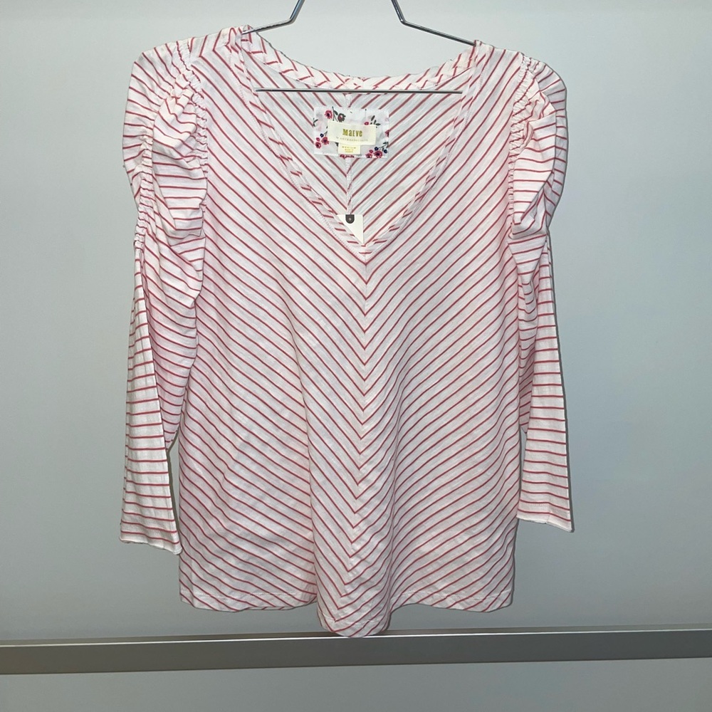 Anthropologie Ruffle Sleeve Pink and White V-neck Top *NWT*